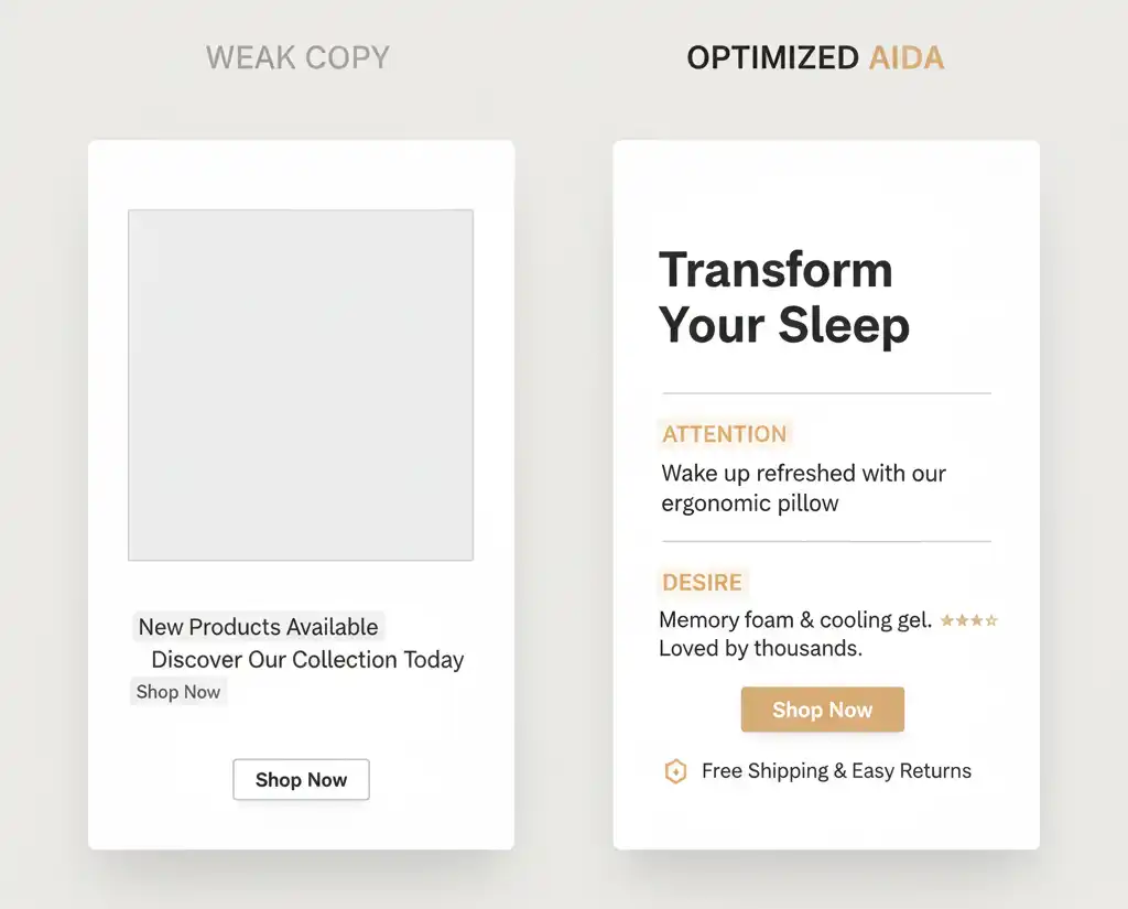 Split‑screen ecommerce hero mockup comparing weak copy to optimized AIDA hero with clear CTA